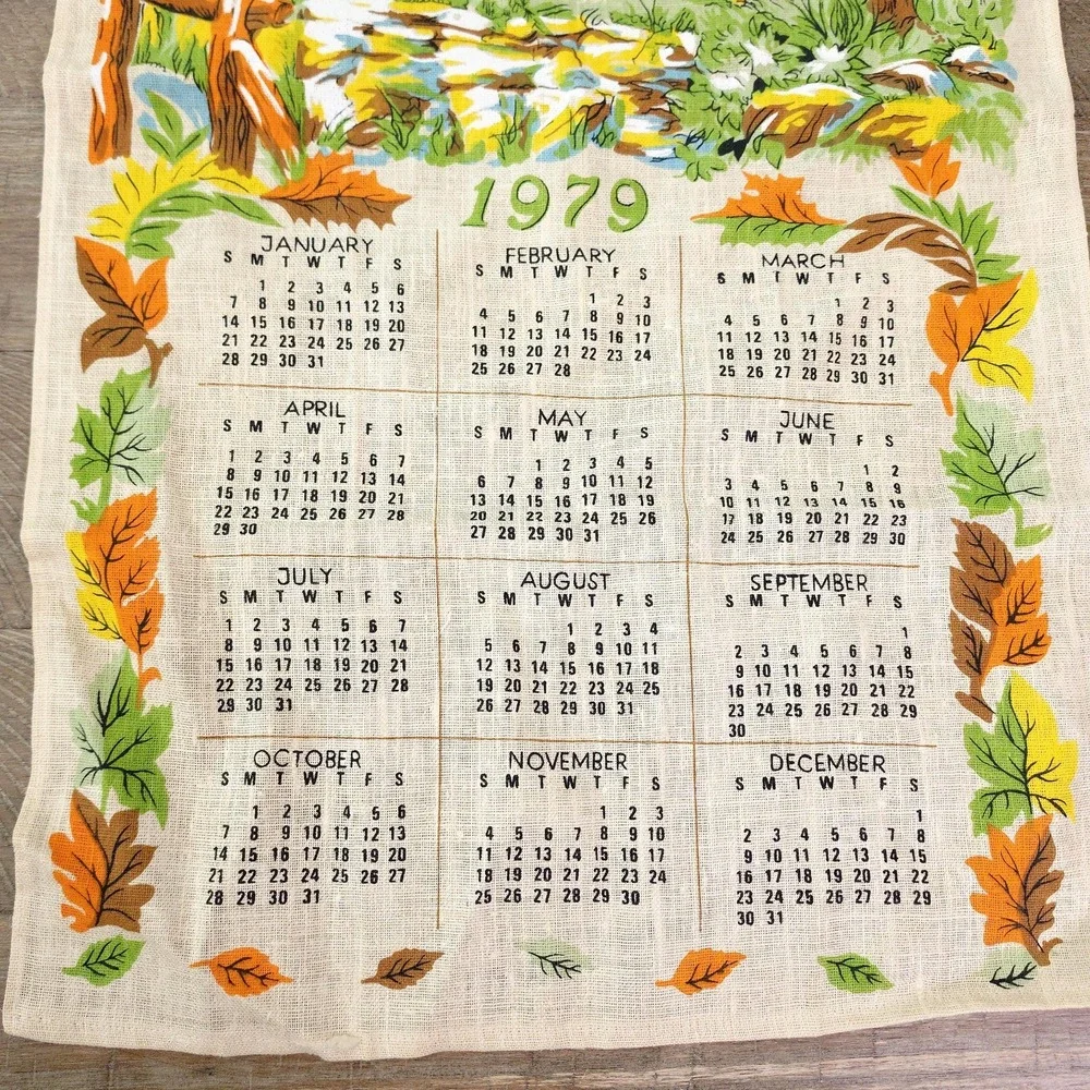 Vintage 1979 Cottage Farmhouse Decor Linen Tea Towel Calendar
